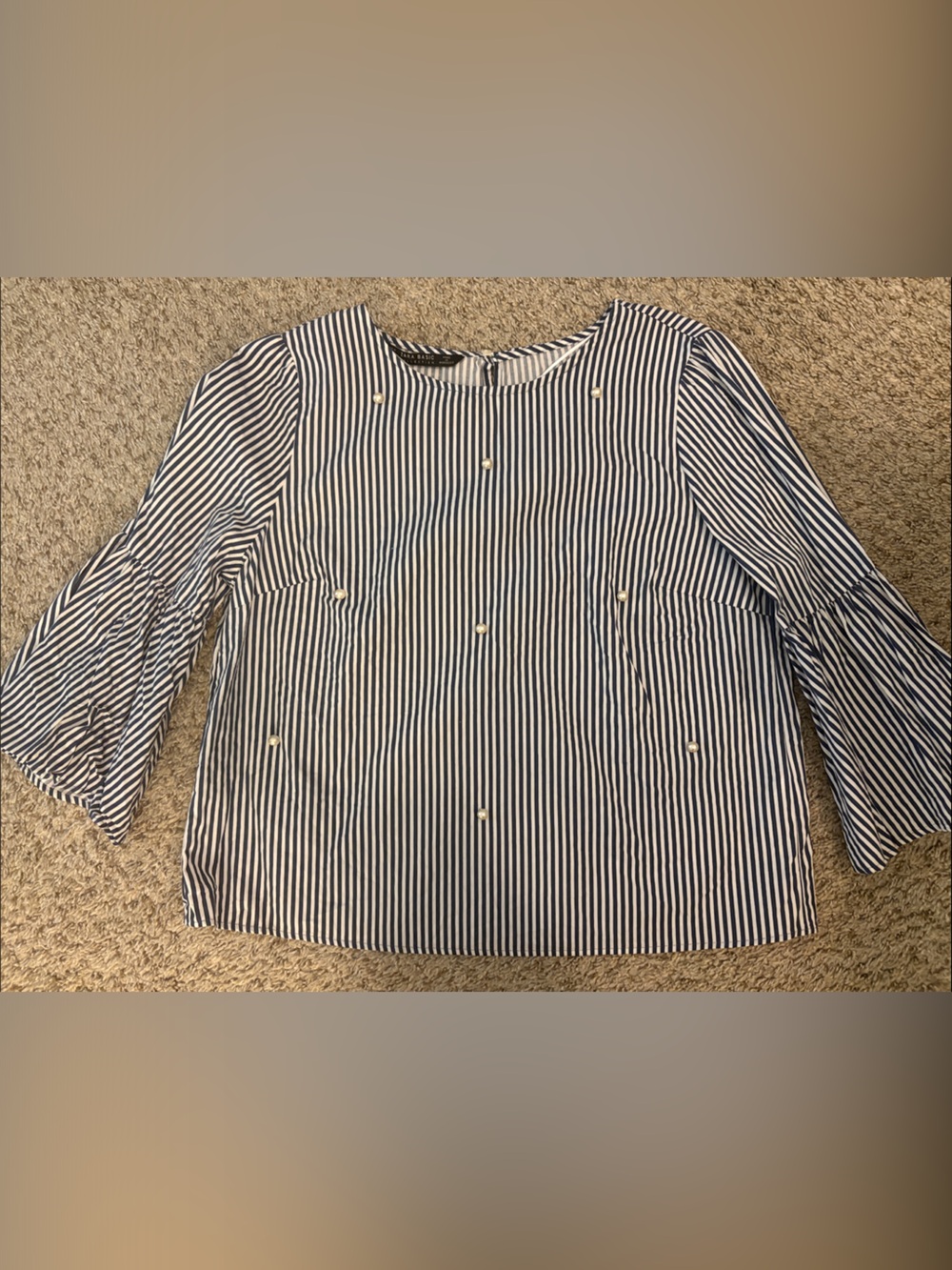 Zara Navy and White Striped Pearl Accent Top
